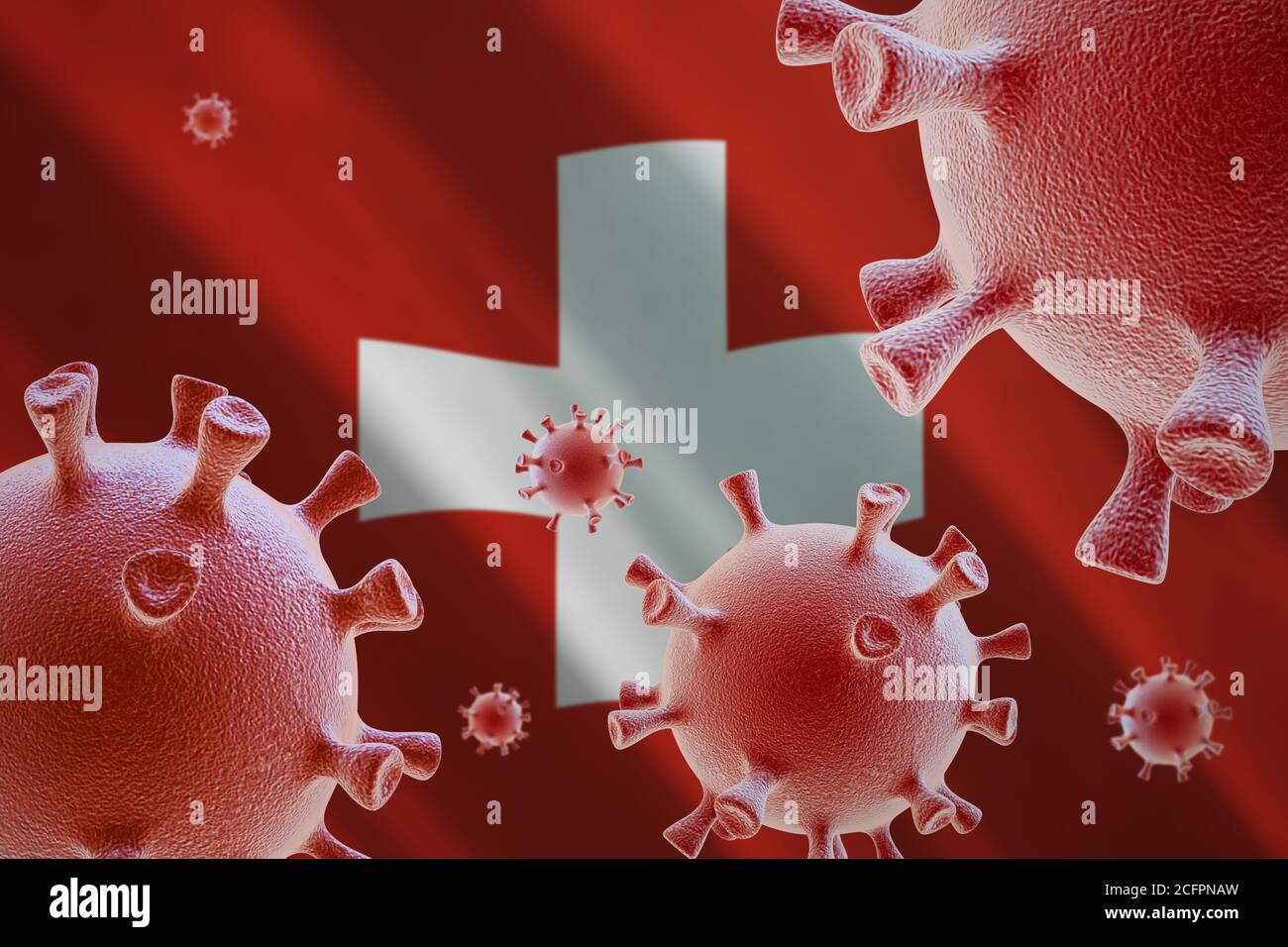 COVID-19. Cellule di coronavirus sullo sfondo della bandiera della Svizzera Foto Stock