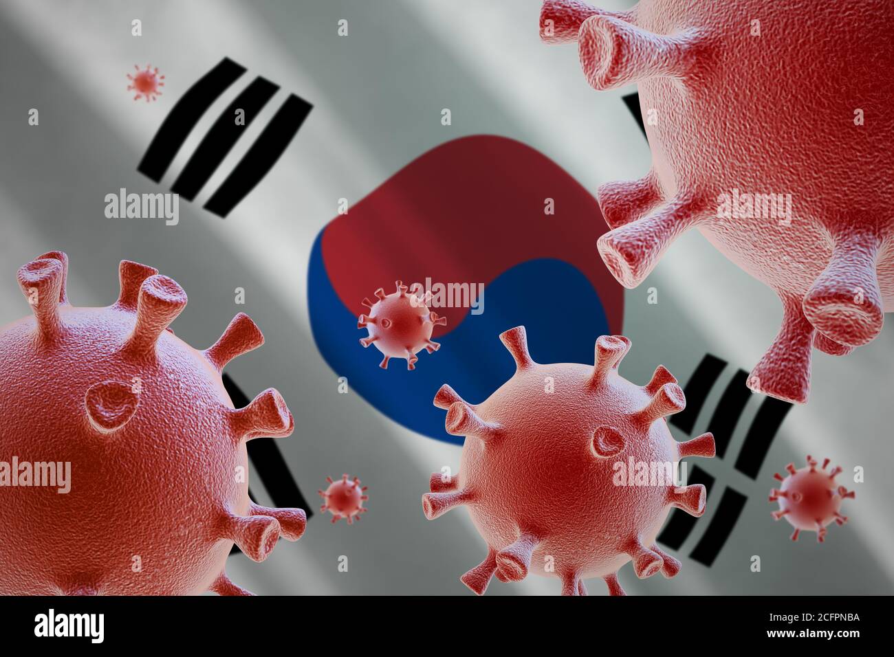 COVID-19. Cellule di coronavirus sullo sfondo della bandiera della Corea del Sud Foto Stock