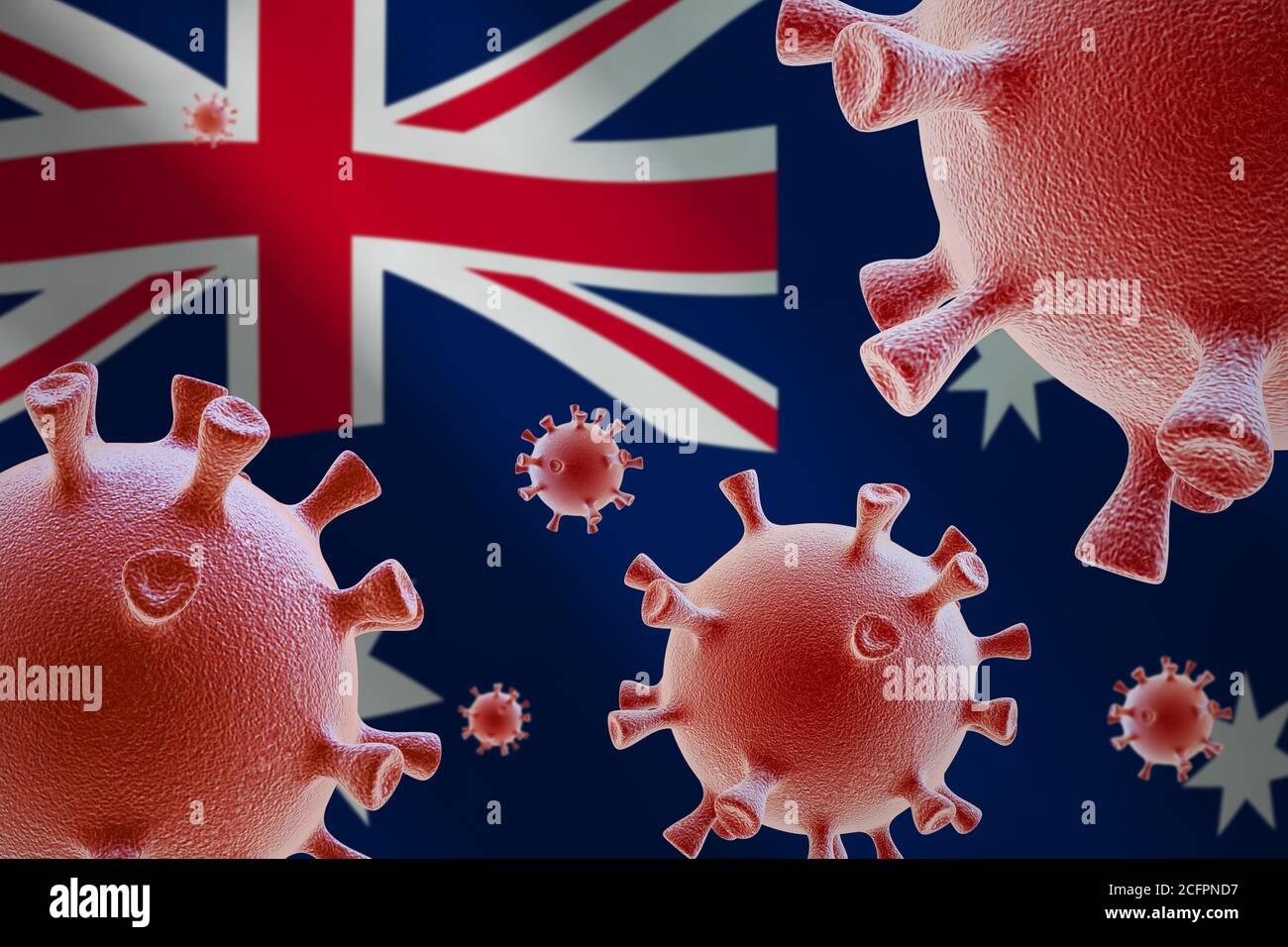COVID-19. Cellule di coronavirus sullo sfondo della bandiera dell'Australia Foto Stock