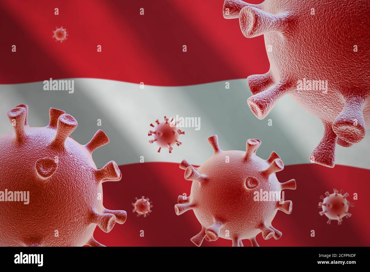 COVID-19. Cellule di coronavirus sullo sfondo della bandiera dell'Austria Foto Stock