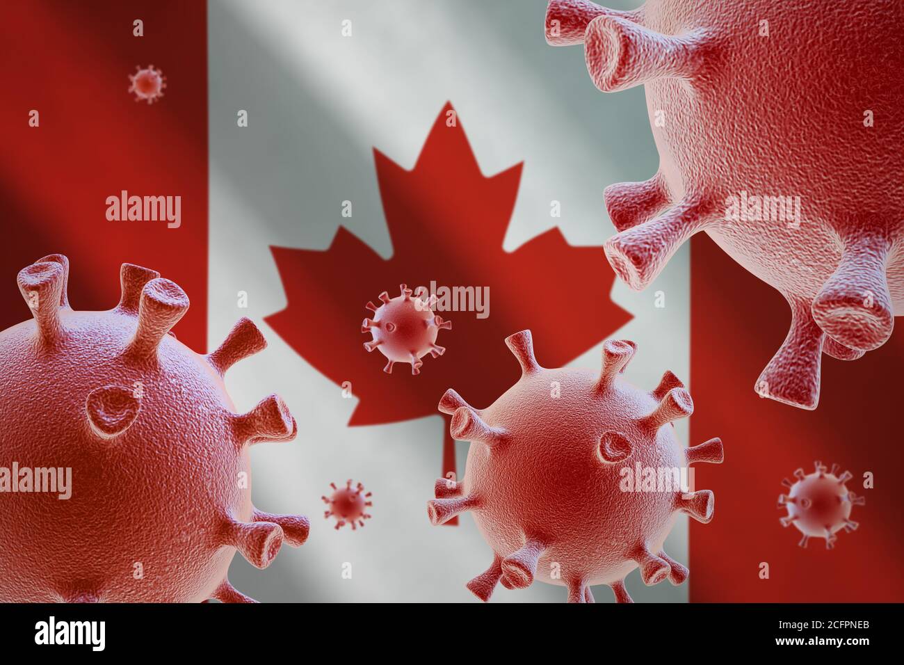 COVID-19. Cellule di coronavirus sullo sfondo della bandiera del Canada Foto Stock