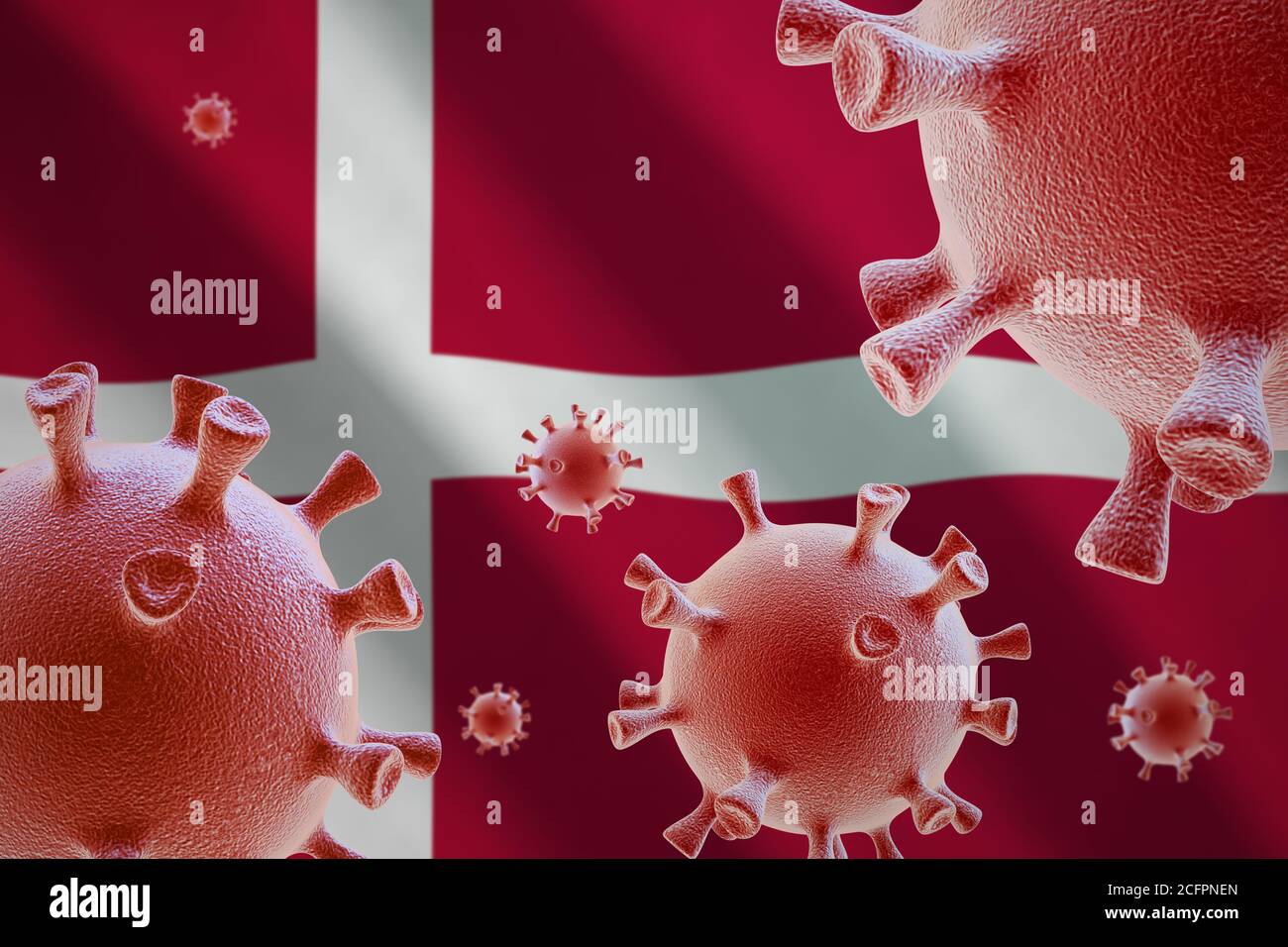 COVID-19. Cellule di coronavirus sullo sfondo della bandiera della Danimarca Foto Stock