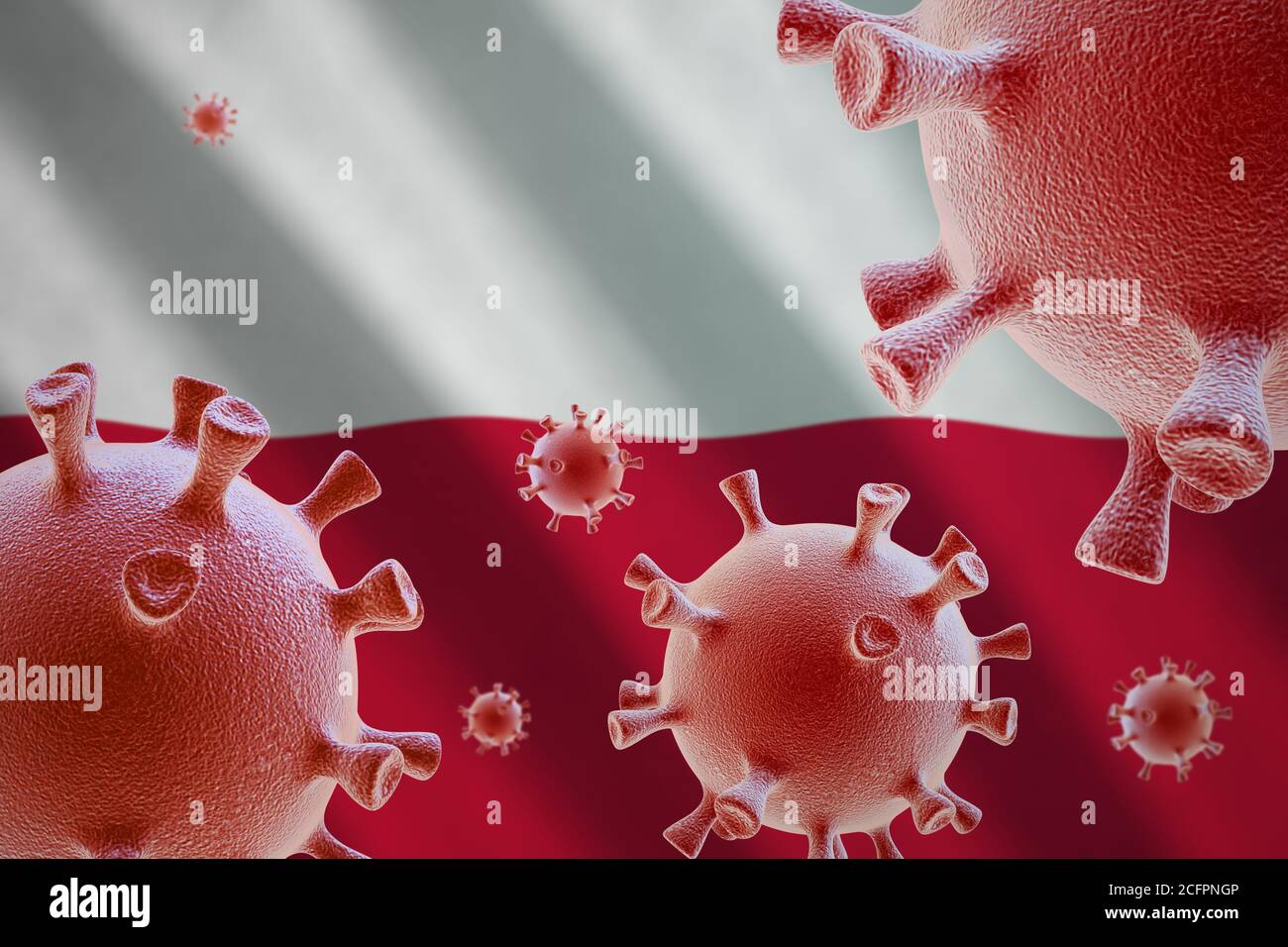 COVID-19. Cellule di coronavirus sullo sfondo della bandiera della Polonia Foto Stock
