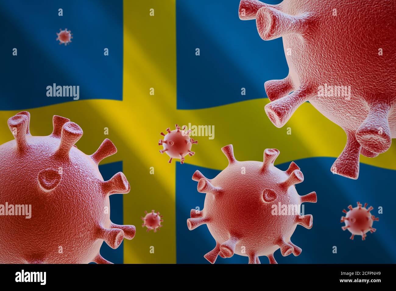 COVID-19. Cellule di coronavirus sullo sfondo della bandiera della Svezia Foto Stock