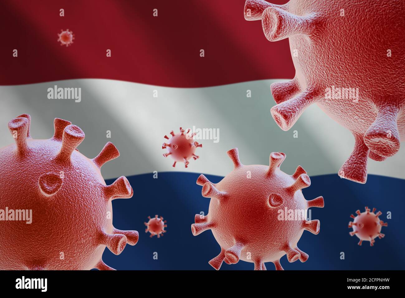 COVID-19. Cellule di coronavirus sullo sfondo della bandiera dei Paesi Bassi Foto Stock