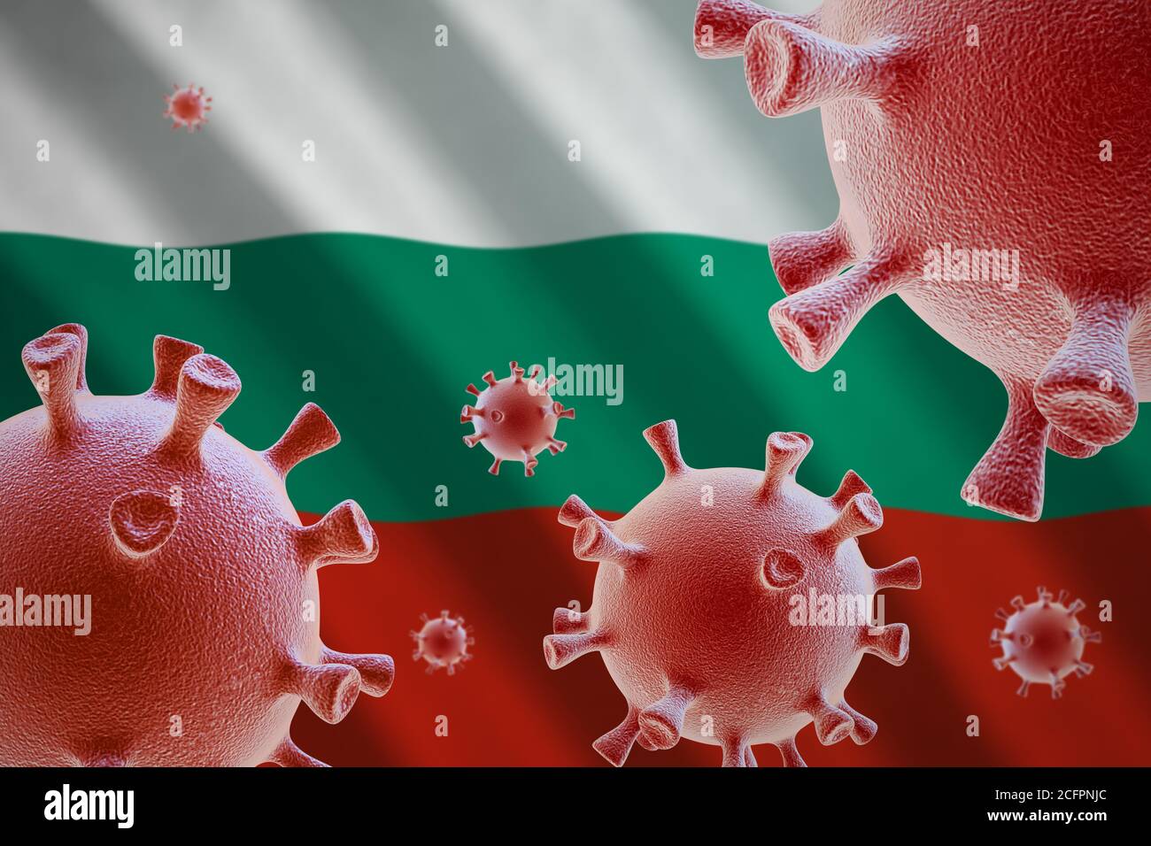 COVID-19. Cellule di coronavirus sullo sfondo della bandiera della Bulgaria Foto Stock