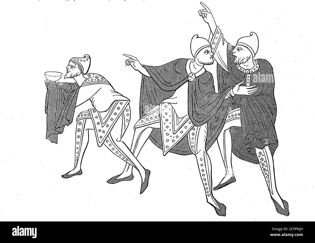 Costumi Frankish nel 9 ° secolo, tre Magi da un manoscritto, Germania / Fränkische Trachten im 9. Jahrhundert, drei Magier aus einem Manuskript, Deutschland, Historisch, storico, digitale riproduzione migliorata di un originale del 19 ° secolo / digitale Reproduktion einer Originalvollage aus dem 19. Jahrhundert, Foto Stock