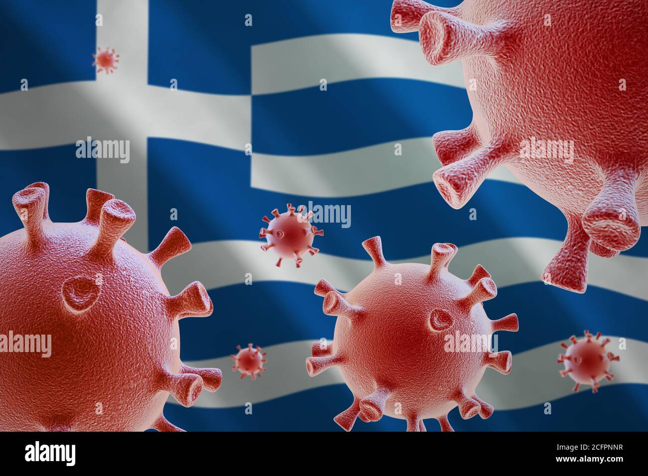 COVID-19. Cellule di coronavirus sullo sfondo della bandiera della Grecia Foto Stock