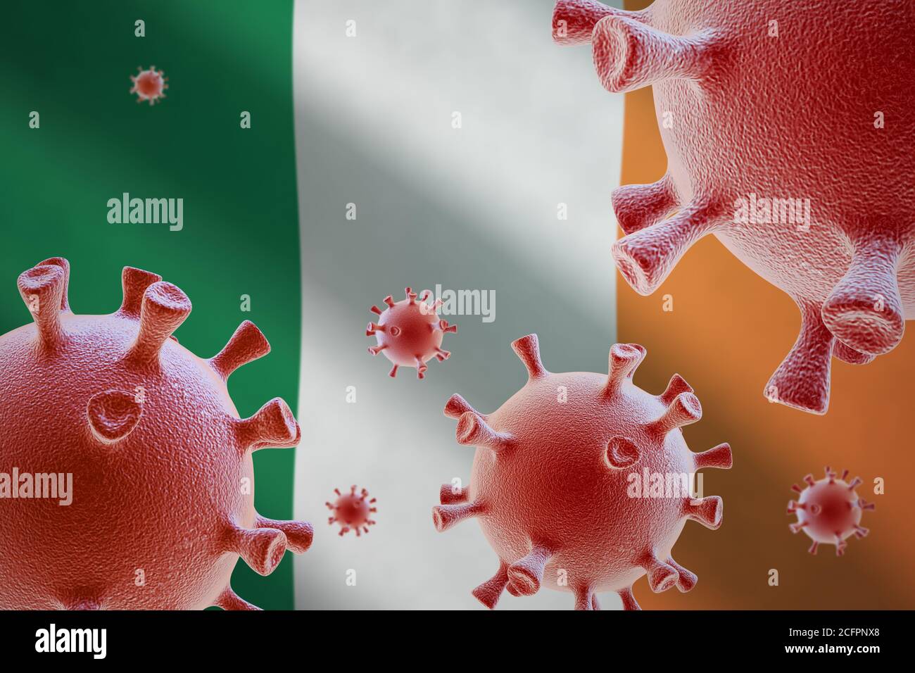 COVID-19. Cellule di coronavirus sullo sfondo della bandiera dell'Irlanda Foto Stock