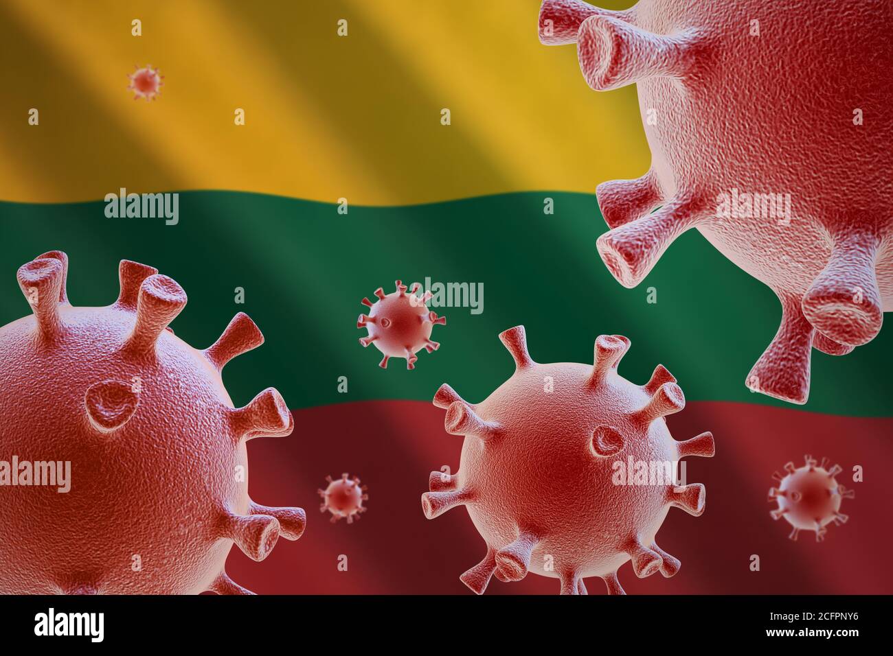 COVID-19. Cellule di coronavirus sullo sfondo della bandiera della Lituania Foto Stock