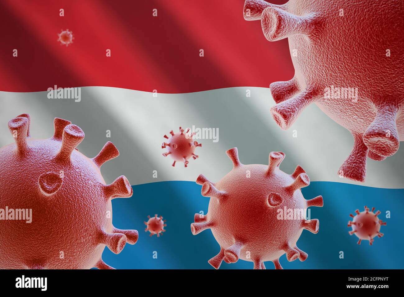 COVID-19. Cellule di coronavirus sullo sfondo della bandiera del Lussemburgo Foto Stock