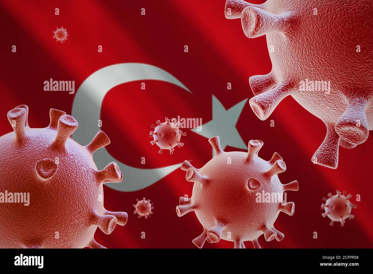 COVID-19. Cellule di coronavirus sullo sfondo della bandiera della Turchia Foto Stock