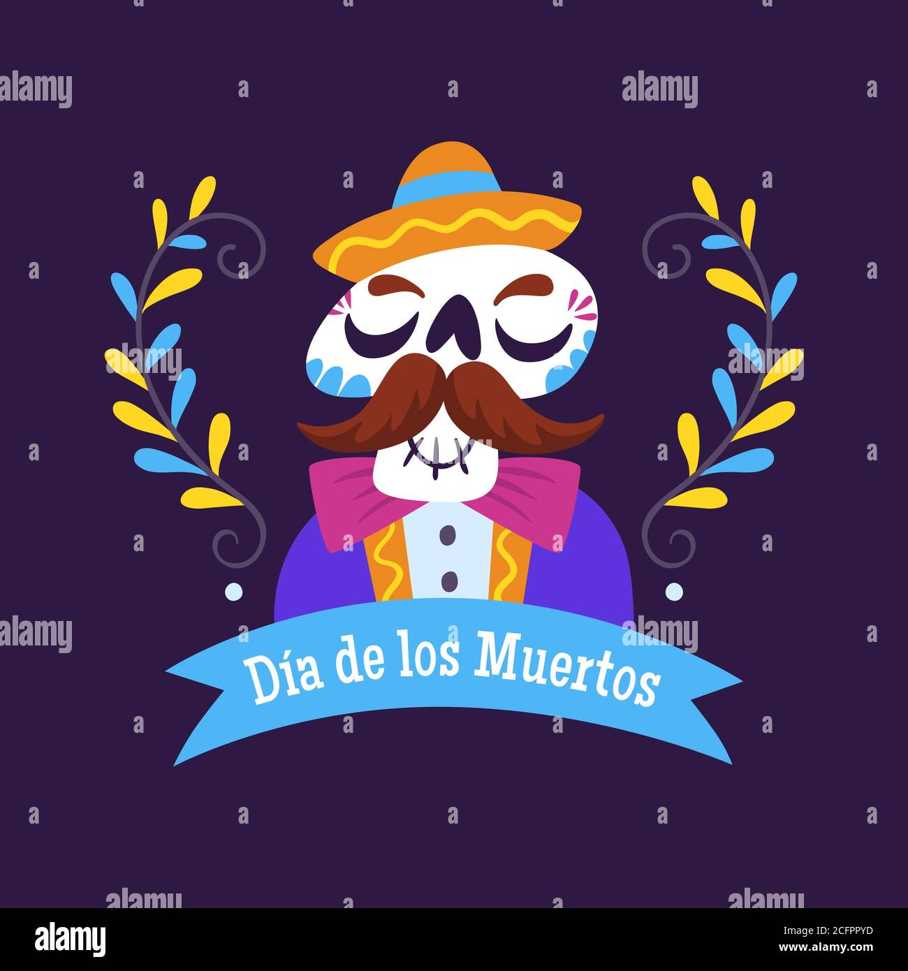 Etichetta giorno dei morti (Día de Muertos). Cartoon messicano cranio con un nastro e decorazione di testo. Simpatica illustrazione vettoriale. Illustrazione Vettoriale