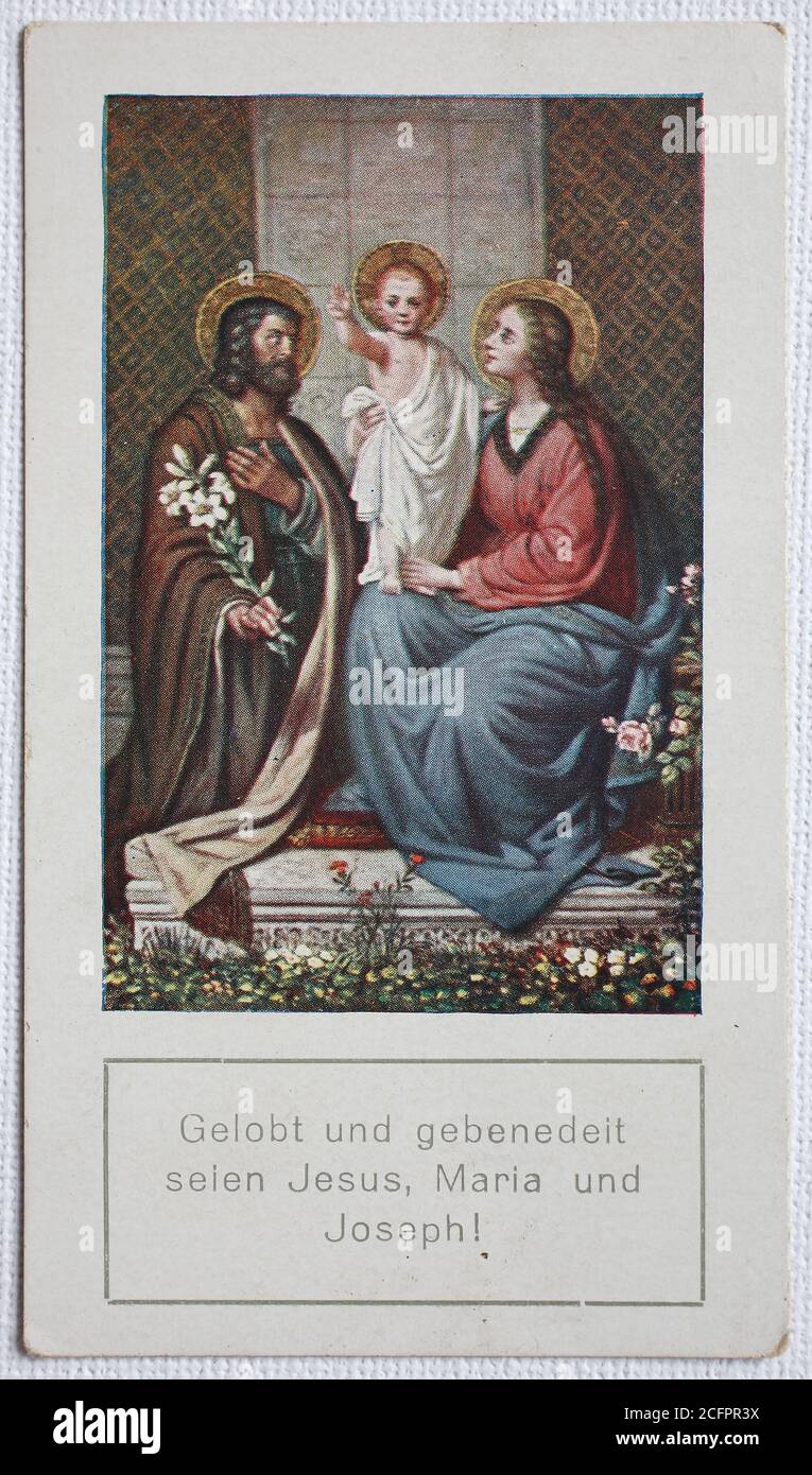 Santa immagine di comunione la Santa famiglia, lodata e benedetta sono Gesù, Maria e Giuseppe / Heiligenbild, Kommunionsbild, die heilige Familie, gelobt und gebebenedeit sind Jesus, Maria und Joseph, Historisch, storico, digitale riproduzione migliorata di un originale del 19 ° secolo / digitale Reduction einer Originaldem vorlage 19. Jahrhundert, Foto Stock