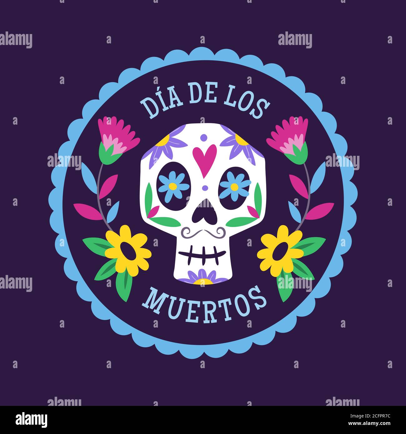 Etichetta giorno dei morti (Día de Muertos). Cartoon messicano cranio maschio in una cornice decorativa. Simpatica illustrazione vettoriale. Illustrazione Vettoriale