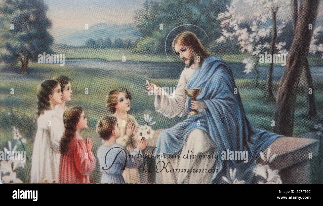 Comunione, Gesù benedice molti bambini / Kommunionsbild, Jesus signet mehrere Kinder, Historisch, storico, digitale riproduzione migliorata di un originale del 19 ° secolo / digitale Reproduktion einer Originalvollage aus dem 19. Jahrhundert, Foto Stock