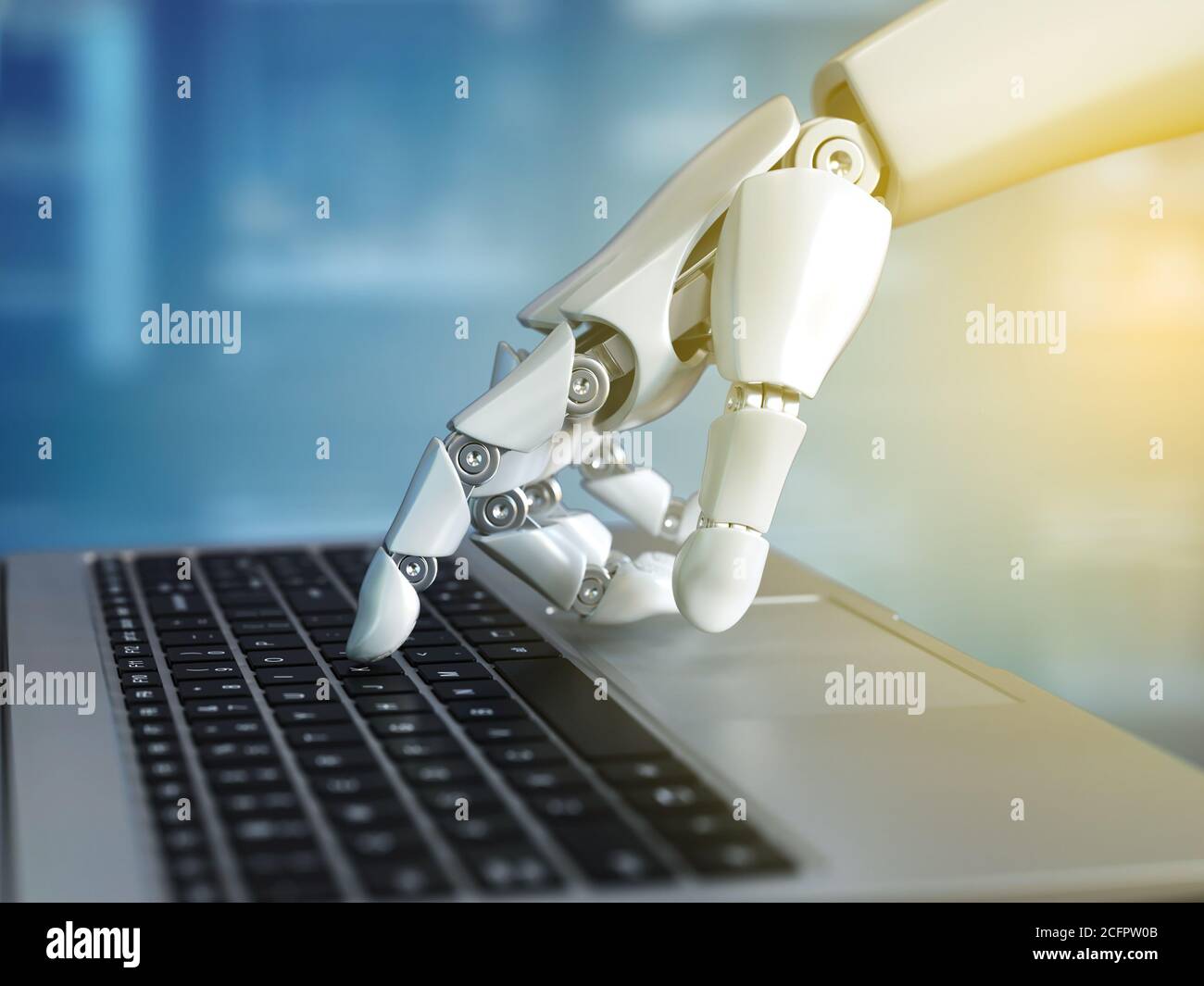 Robot a mano sulla tastiera del laptop, rendering 3d Foto Stock