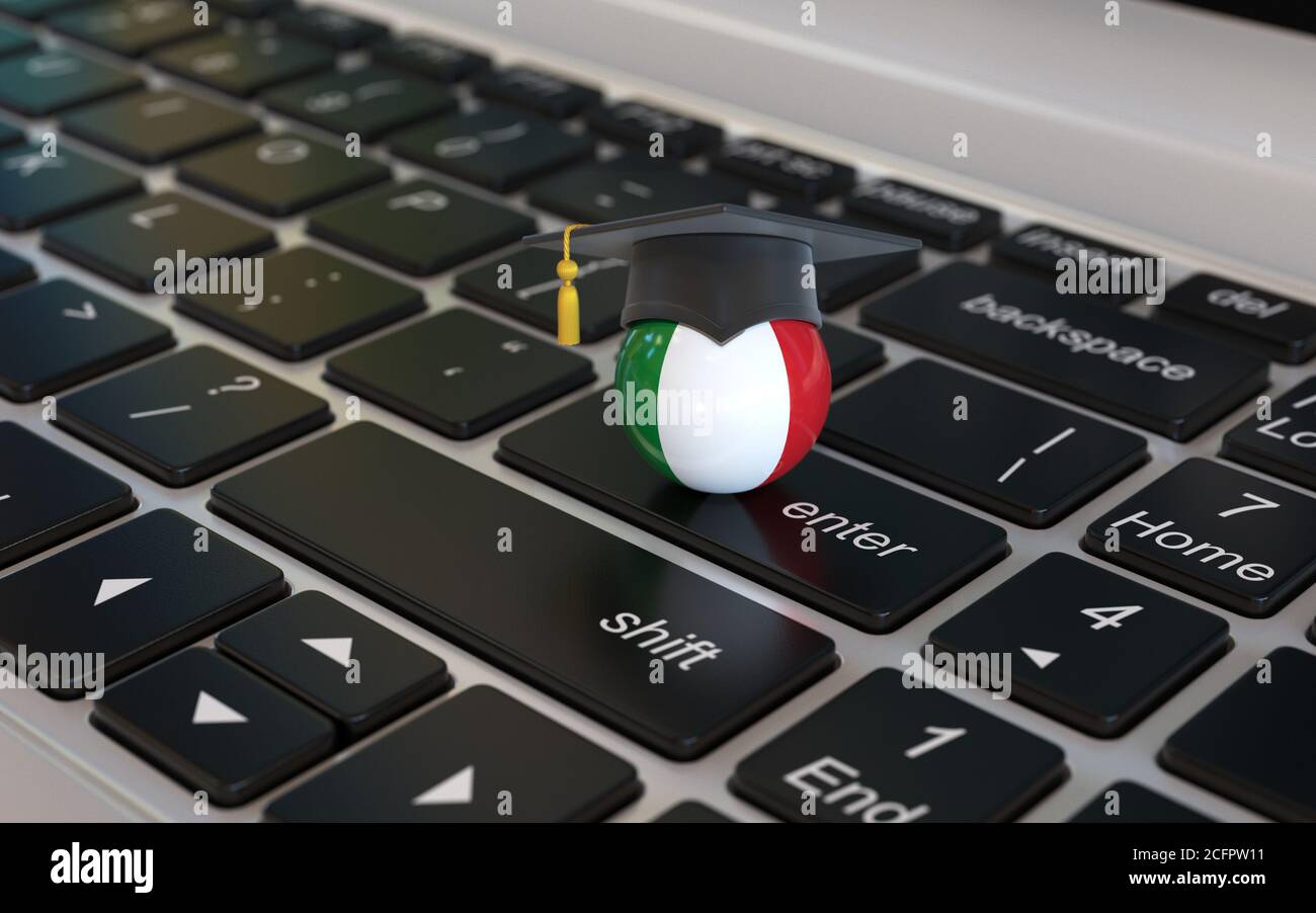 Impara l'italiano online 3d Concept, bandiera italiana con tappo graduato sulla tastiera del laptop rendering 3d Foto Stock