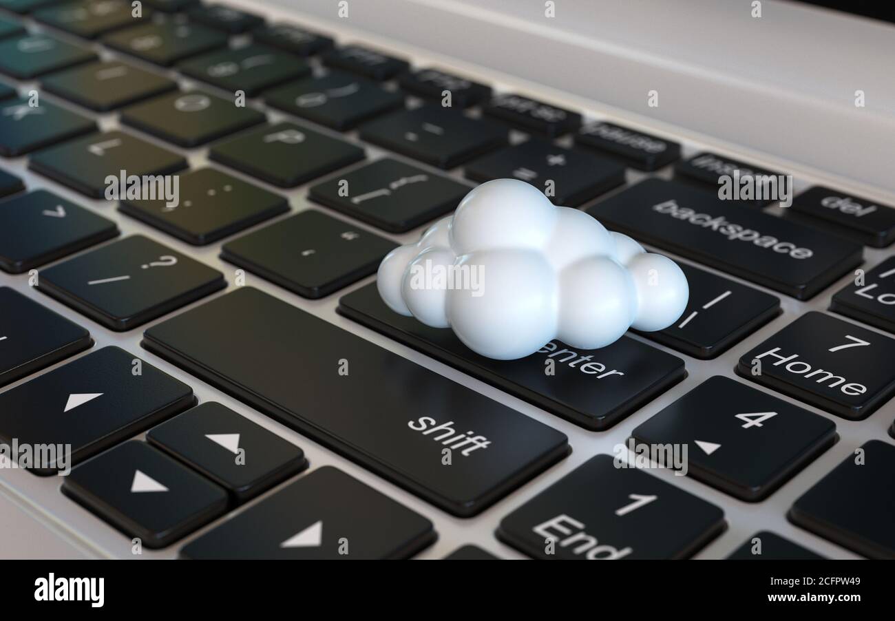 Concetto 3d di cloud computing: Cloud sulla tastiera del notebook, rendering 3d Foto Stock