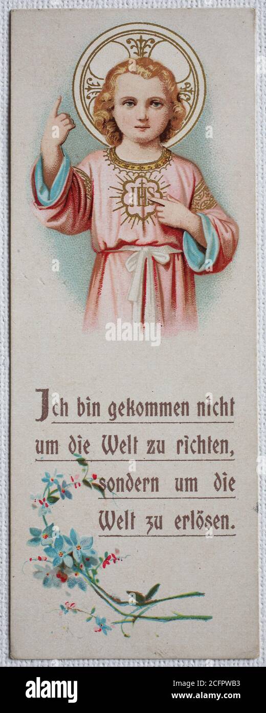Santa immagine bambino Gesù come Salvatore del mondo / Heiligenbild, Jesuskind als Erlöser der Welt, Historisch, storico, digitale riproduzione migliorata di un originale del 19 ° secolo / digitale Reproduktion einer Originalvollage aus dem 19. Jahrhundert, Foto Stock