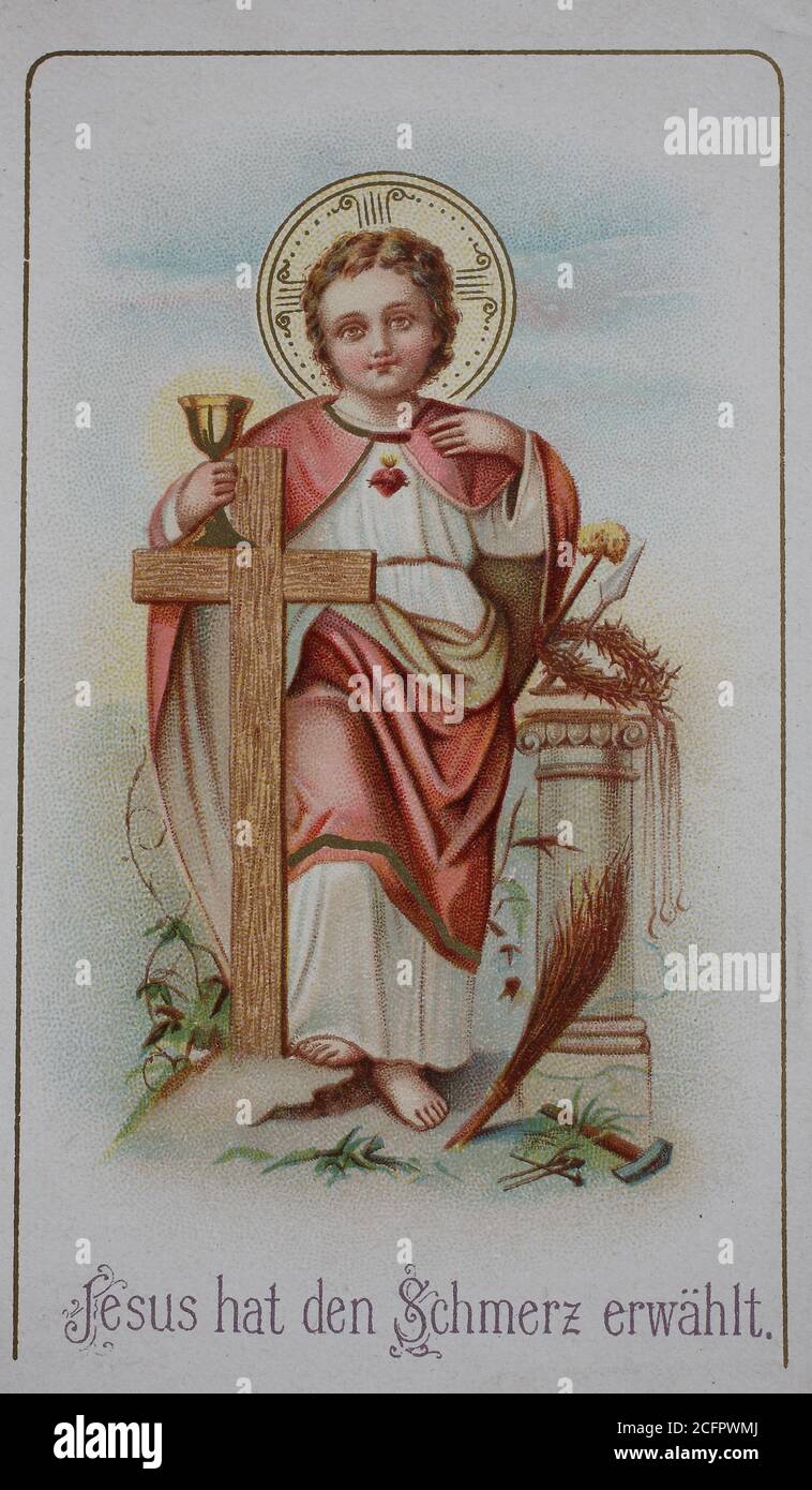 Comunione, Gesù con croce e calice / Kommunionsbild, Jesus mit Kreuz und Kelch, Historisch, storico, digitale riproduzione migliorata di un originale del 19 ° secolo / digitale Reproduktion einer Originalvollage aus dem 19. Jahrhundert, Foto Stock