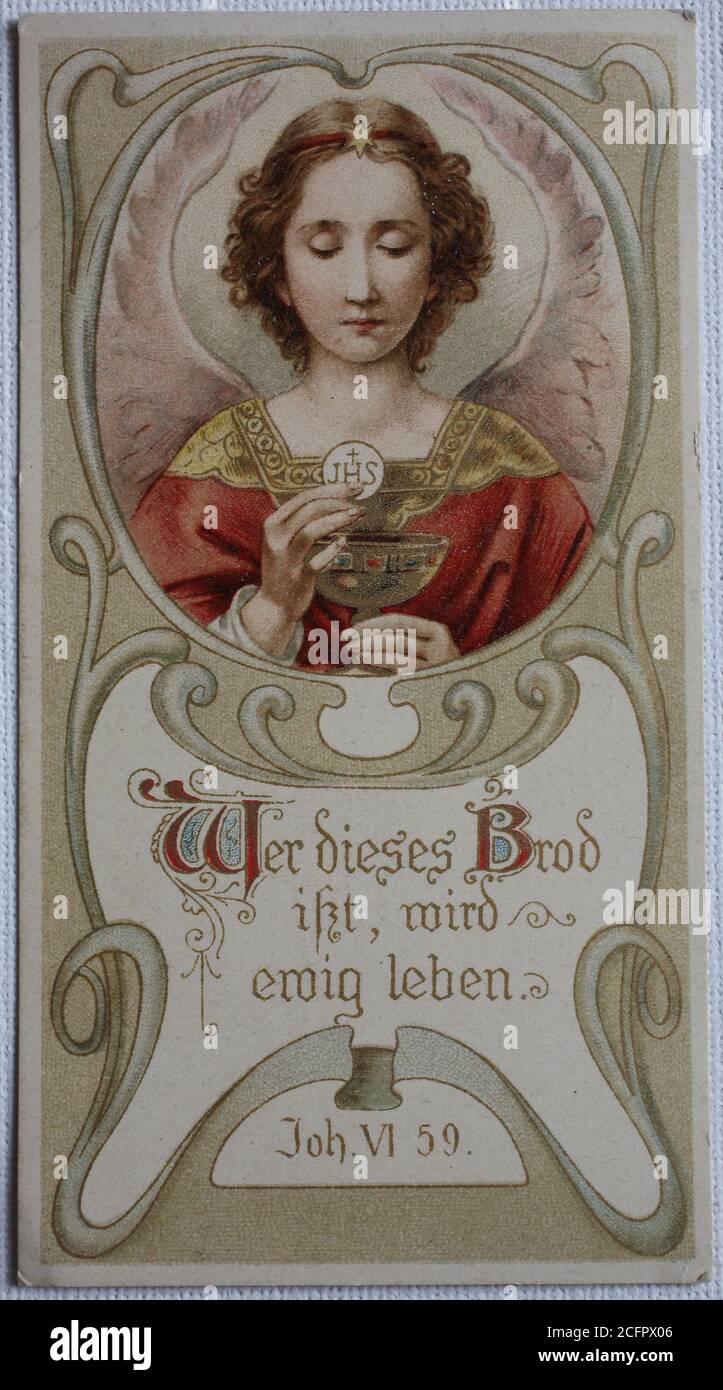 Santa immagine di chi è questo pane mangia vivere per sempre / Heiligenbild, wer dieses Brot ißt wird ewig leben, Historisch, storico, digitale riproduzione migliorata di un originale del 19 ° secolo / digitale Reproduktion einer Originalvollage aus dem 19. Jahrhundert, Foto Stock