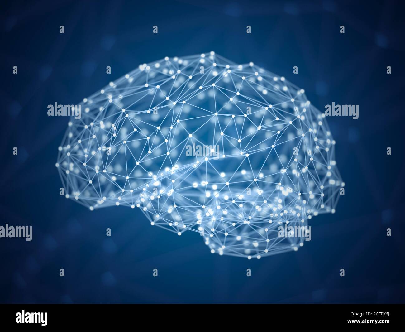 Cervello digitale astratto, punti e linee in forma di cervello umano, concetto di intelligenza artificiale, cervello triangolato, modello poligonale, rendering 3d Foto Stock