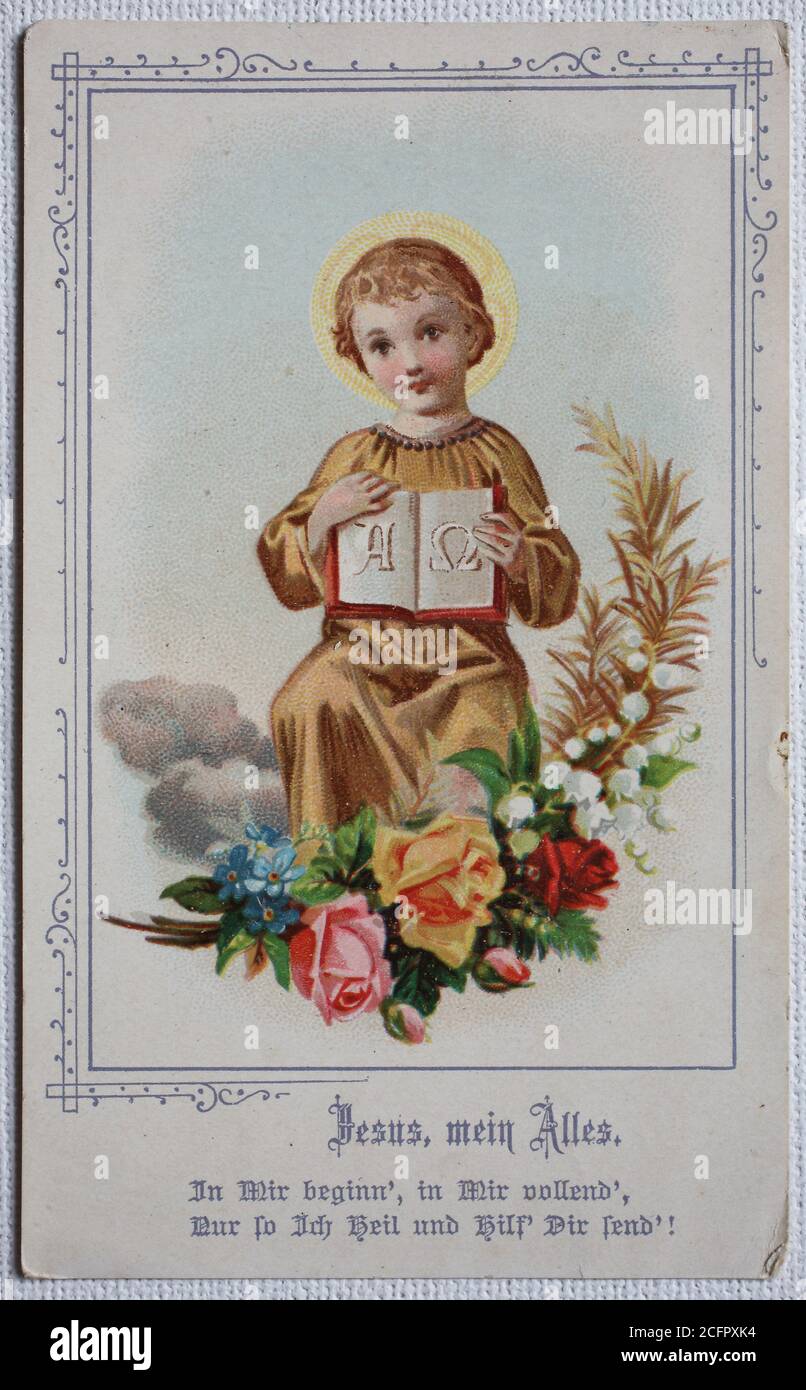 Santa immagine, Gesù bambino con Alfa e Omega / Heiligenbild, Jesuskind mit Alpha und Omega, Historisch, storico, digitale riproduzione migliorata di un originale del 19 ° secolo / digitale Reproduktion einer Originalvollage aus dem 19. Jahrhundert, Foto Stock
