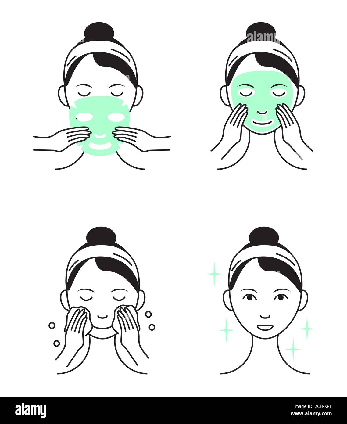 Foglio maschera facciale che applica il vettore. La ragazza mostra i punti come pulire, meritare faccia e usare la maschera cosmetica. Info-graphic nell'illustrazione dello stile del contorno Illustrazione Vettoriale