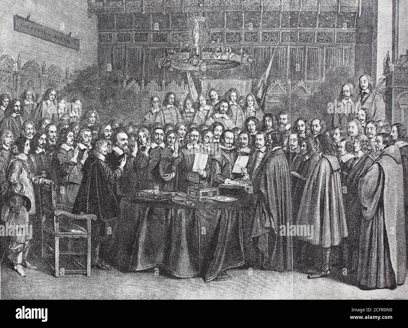 La pace di Münster ha chiuso la guerra degli ottanta anni tra la Spagna e la Repubblica dei sette Paesi Bassi Uniti, dove gli inviati giurano, 15 maggio 1648 / Der Friede von Münster beendete den Achtzigjährigen Krieg zwischen Spanien und der Republik der Sieben Vereinigten Niederlande, hier die Gesandten beim Schwur, 15. Maggio 1648, Historisch, storico, digitale riproduzione migliorata di un originale del 19 ° secolo / digitale Reproduktion einer Originalvollage aus dem 19. Jahrhundert, Foto Stock