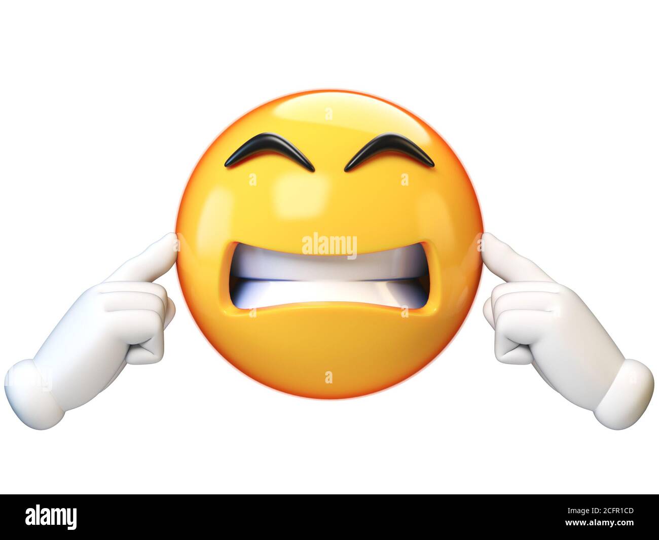 Emoji che copre le orecchie, non ascoltando, isolato su sfondo bianco, ignorando il rendering 3d emoticon Foto Stock