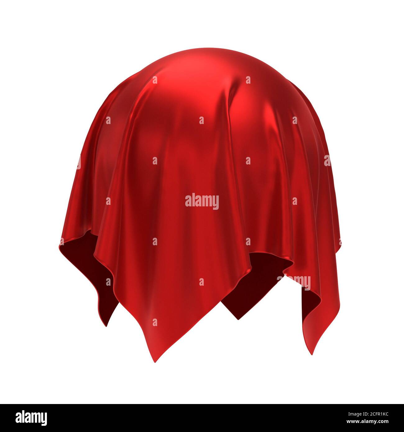 Tendaggi, tessuto rosso che copre la forma sferica isolato su sfondo bianco, rendering 3d Foto Stock