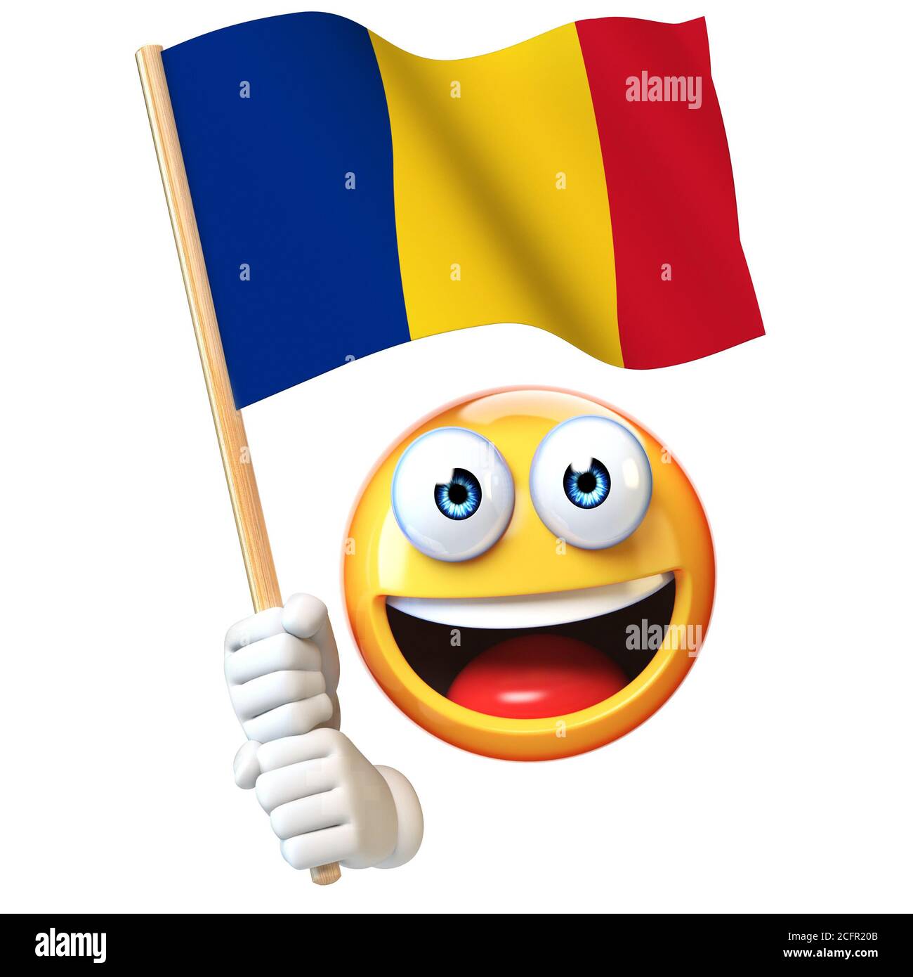 Emoji con bandiera rumena, emoticon con bandiera nazionale della Romania rendering 3d Foto Stock