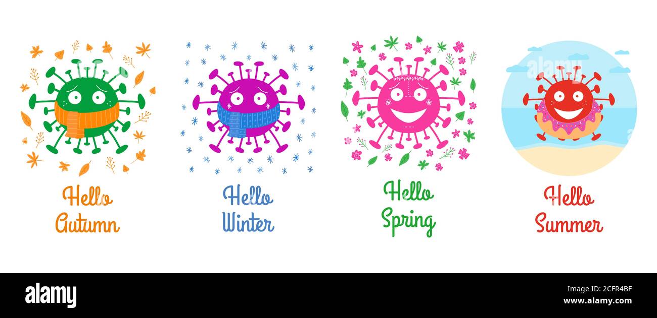 Biglietti per i tempi dell'anno del coronavirus. Ciao autunno, inverno, primavera, estate. Isolato su sfondo bianco. Illustrazione di stock vettoriale. Illustrazione Vettoriale