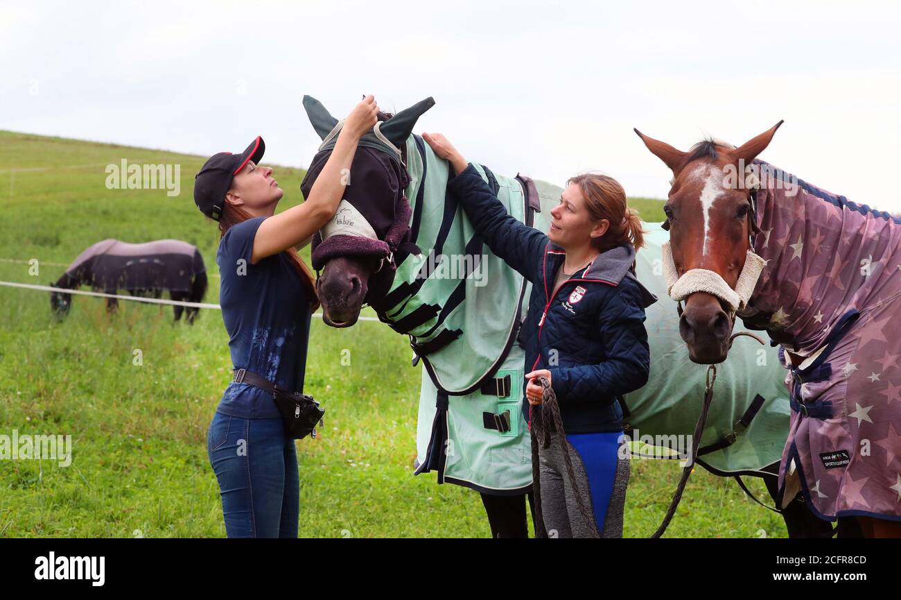 Minsk, Bielorussia. 6 Settembre 2020. I volontari si prendono cura di cavalli da corsa ritirati alla periferia di Minsk, Bielorussia, 6 settembre 2020. Una squadra di soccorso di cavalli da corsa della Bielorussia ha costruito recentemente una "casa di cura" per i cavalli da corsa ritirati alla periferia di Minsk. Credit: Henadz Zhinkov/Xinhua/Alamy Live News Foto Stock