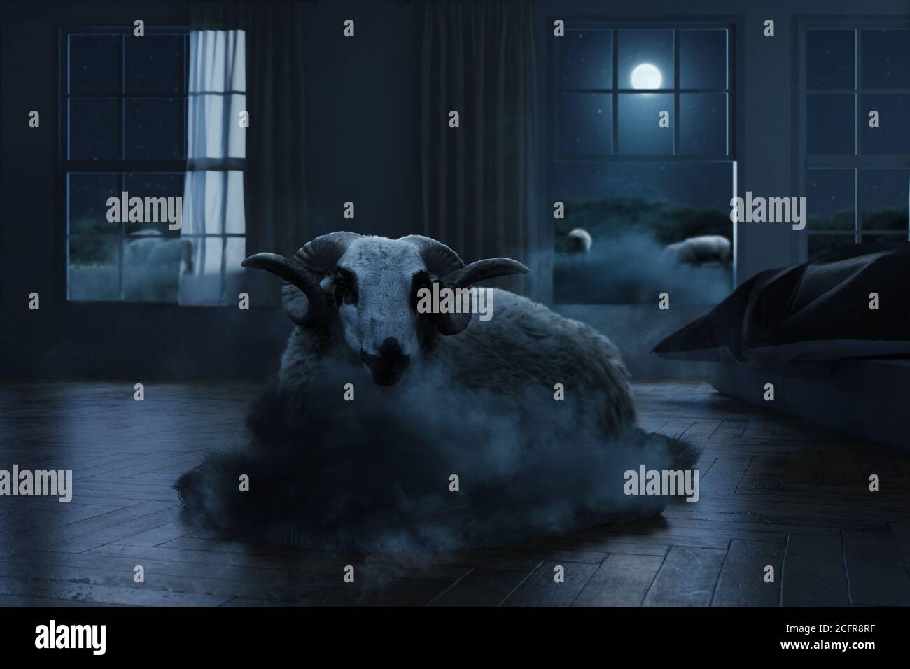 ram a riposo con corna circolari che si stende su una nube soffice la camera da letto Foto Stock