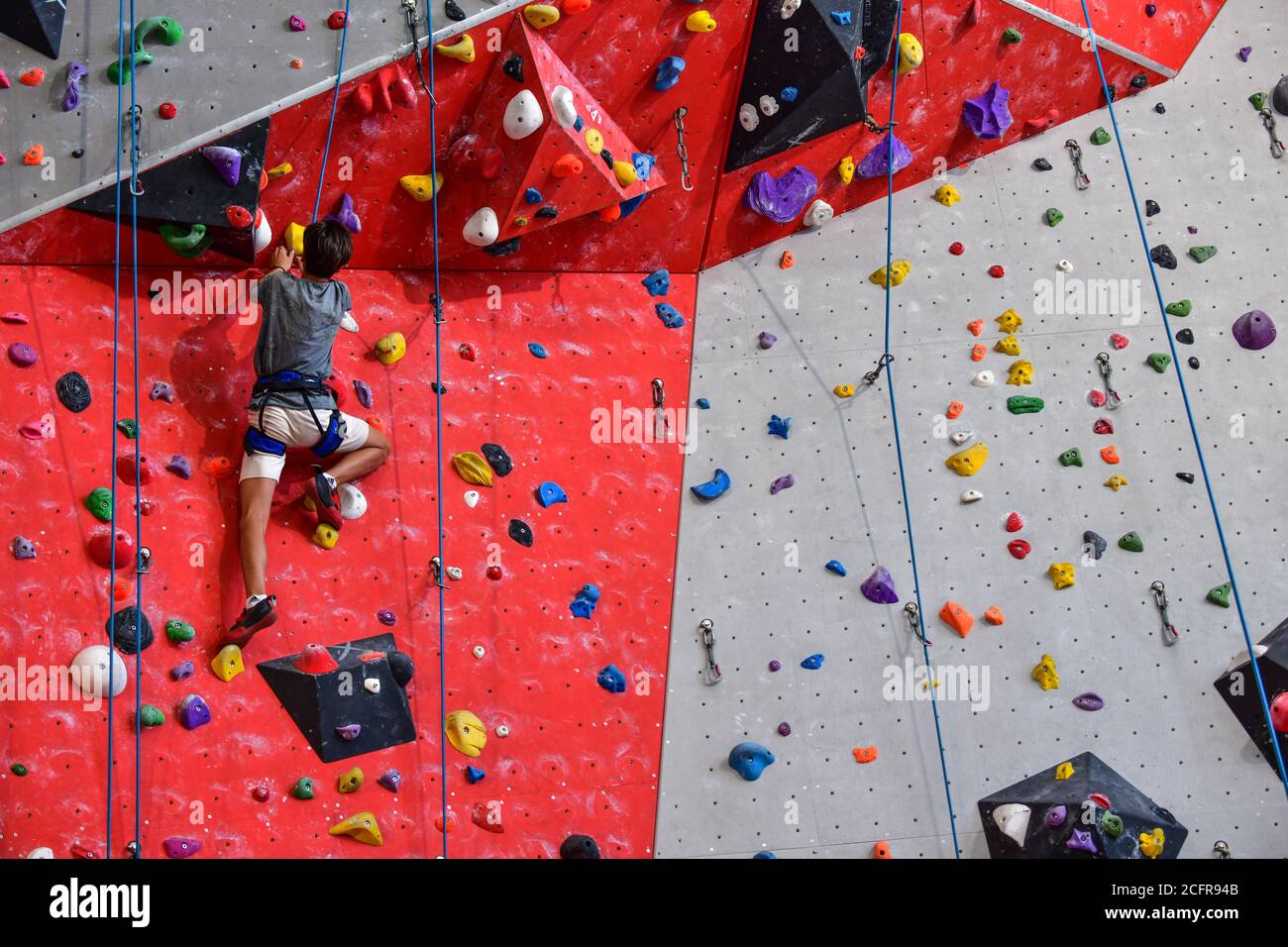 Lione (Francia centro-orientale): Centro commerciale "Confluence", spazio Azium. Arrampicatori nella palestra 'Climb Up' con il più alto wal interno arrampicata Foto Stock