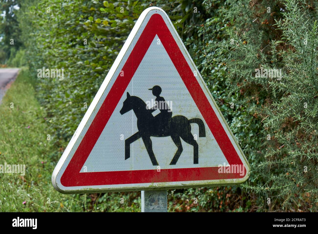 Simbolo di avvertimento francese in metallo triangolare che raffigura un cavallo da trotto e. pilota Foto Stock