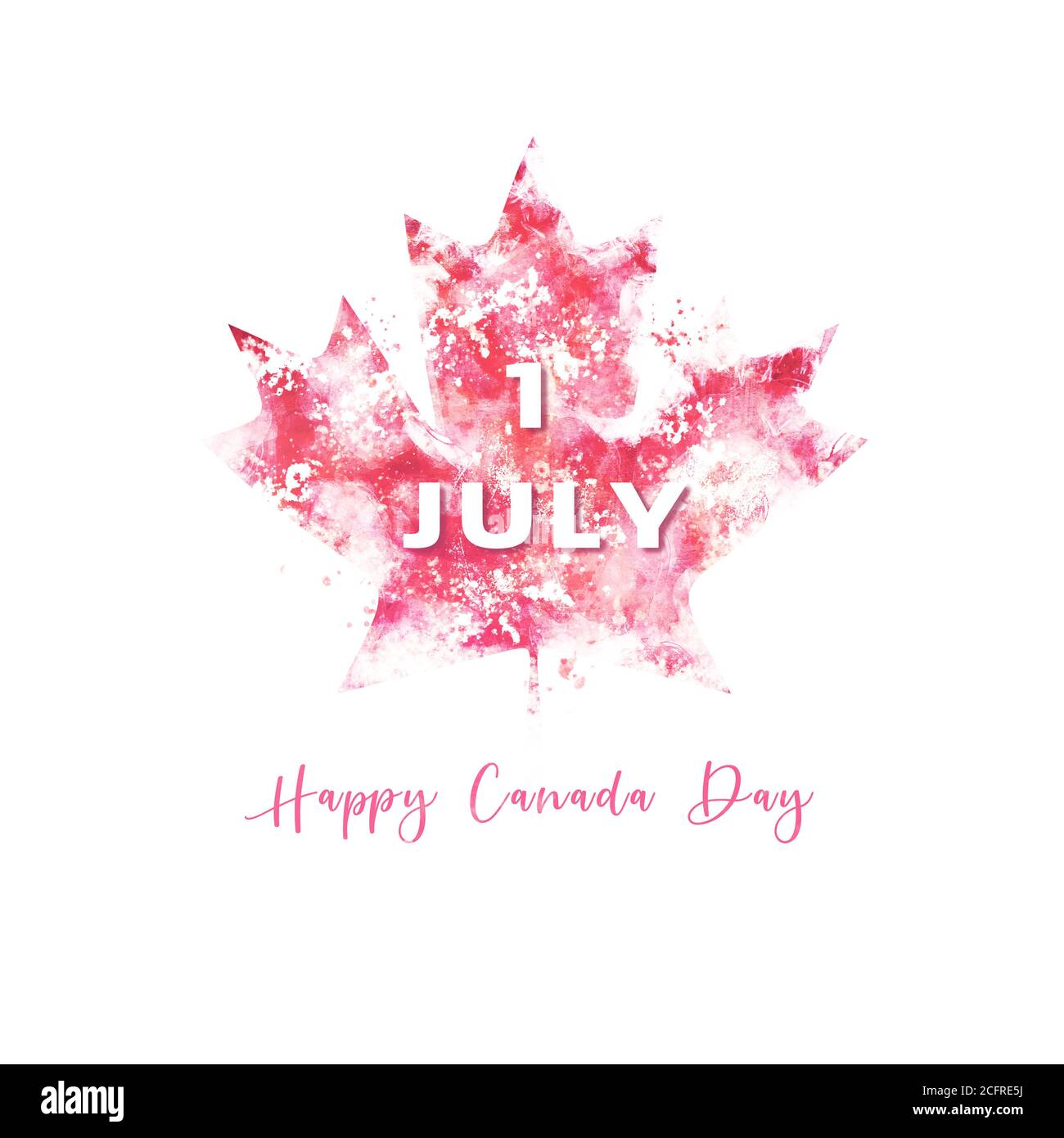 Festa nazionale canadese. 1 luglio. Biglietto d'auguri Happy Canada Day. Sfondo celebrativo con silhouette in acero in stile acquerello. Foto Stock