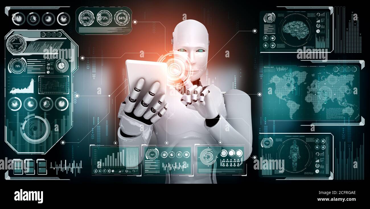 Robot umanoide utilizzare il telefono cellulare o tablet per i big data analitica Foto Stock