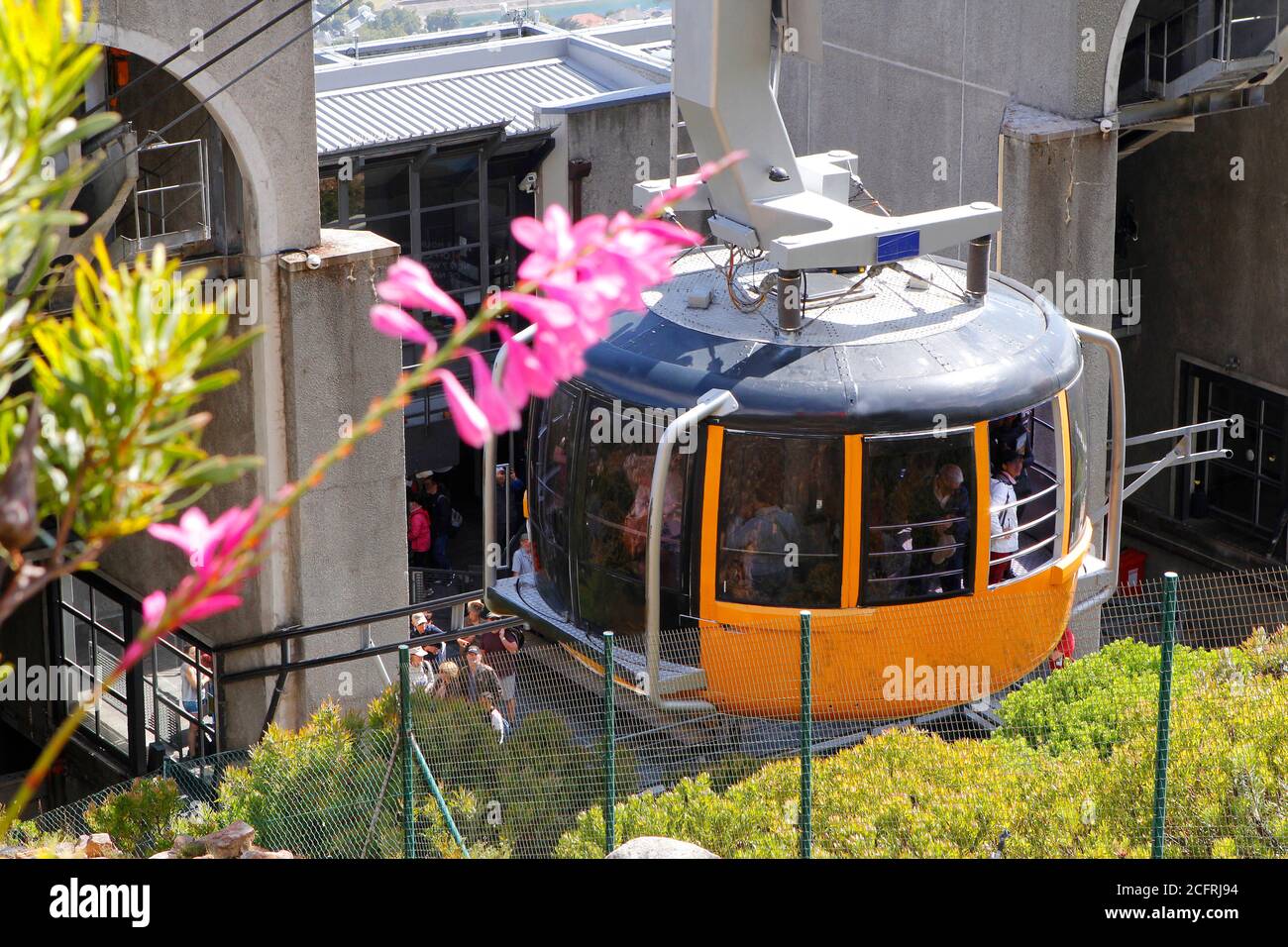 Una funivia di Table Mountain che inizia a salire sulla montagna. Foto Stock