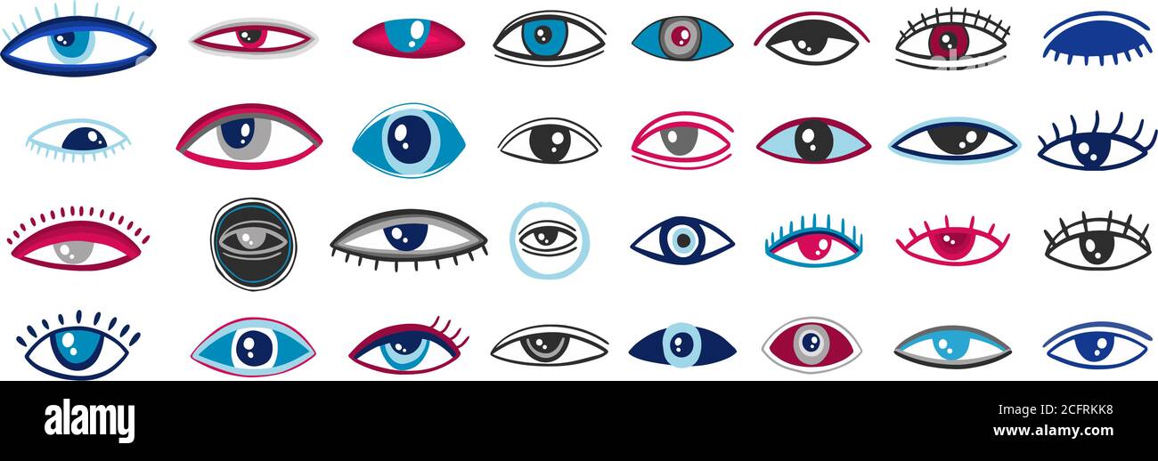 Set di simboli occhi. Emblema decorativo stile ingenuo. Segno tradizionale. Illustrazione Vettoriale