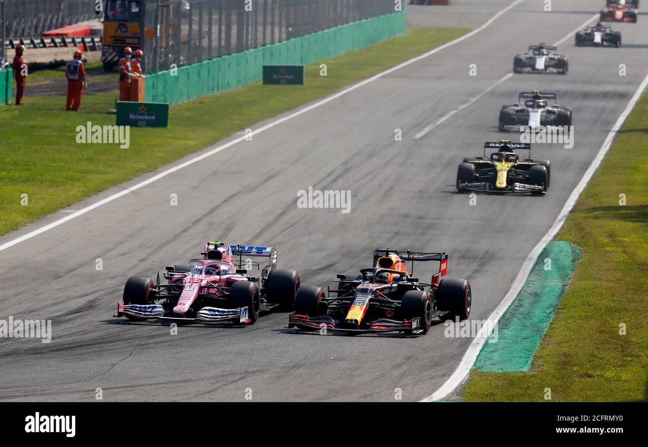 18 STROLL Lance (CAN), Racing Point F1 RP20, VERSTAPPEN Max (Ned), Aston Martin Red Bull Racing Honda RB16, azione durante la Formula 1 Gran Premio He Foto Stock