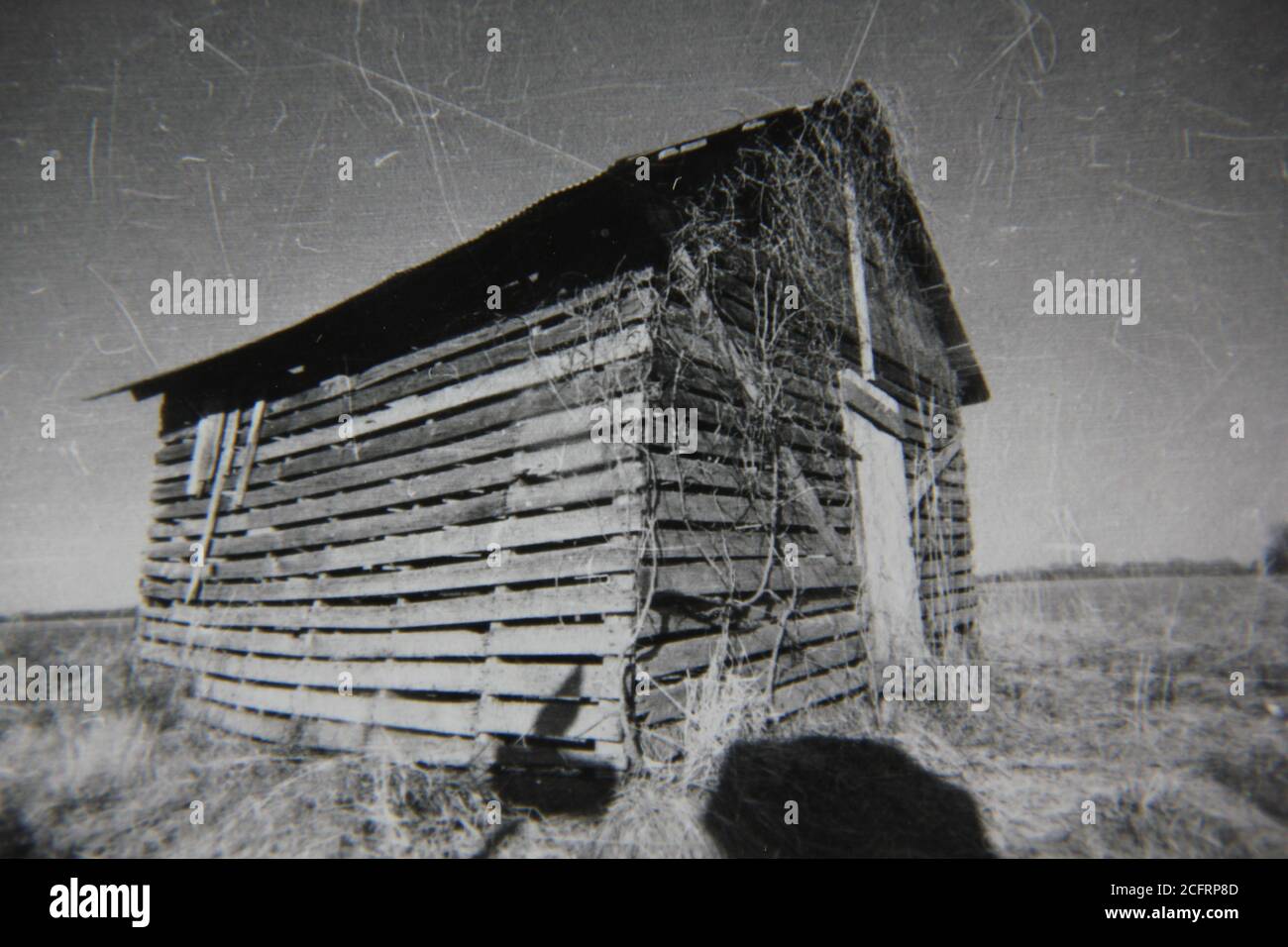 Bella fotografia in bianco e nero degli anni '70 di una vecchia cabina malata e malata in piedi nei campi. Foto Stock