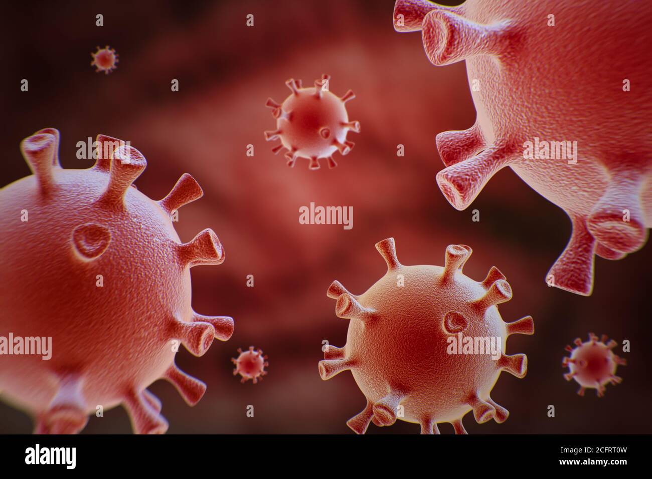 Primo piano del gruppo di cellule di Coronavirus. rendering 3d. Foto Stock