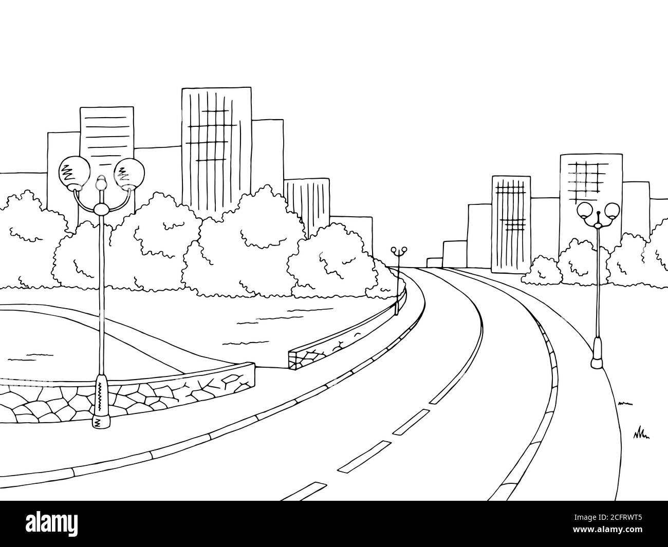 Grafico stradale grafico bianco nero illustrazione dello schizzo del paesaggio vettore Illustrazione Vettoriale