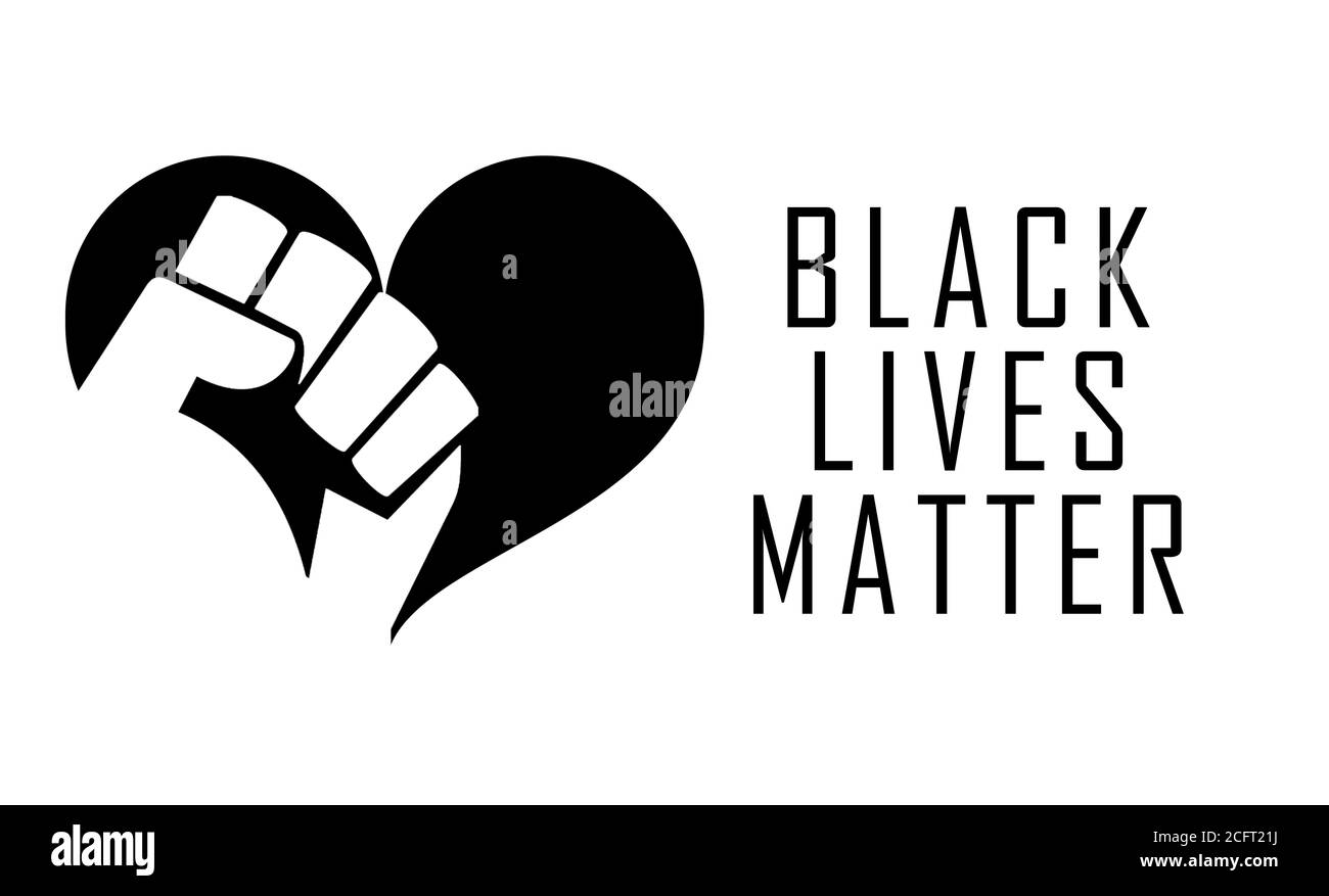 Pugno bianco attaccato ad un cuore nero, accanto al testo Black Lives Matter, su sfondo bianco, come simbolo dei diritti civili degli afroamericani Foto Stock