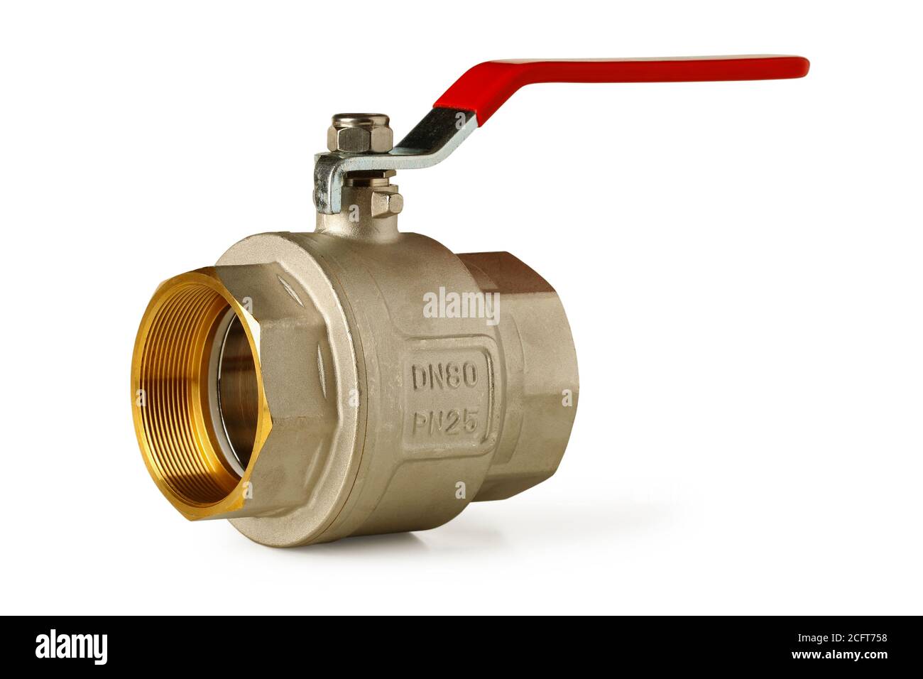 Valvola a sfera in ottone di grande diametro chiusa isolata bianco Foto Stock