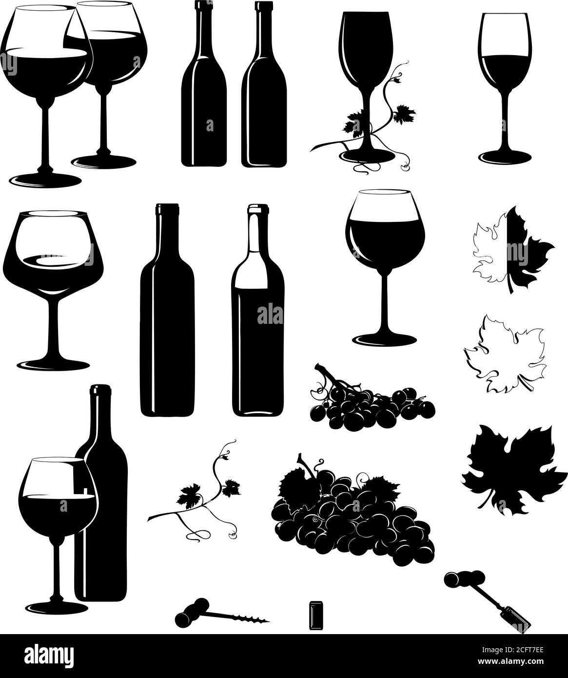 Vino, immagine vocale del vino, bottiglie di vino, grappolo di uve, vettore, immagine, isolato, calice, verricello, bottiglia, sughero, tappo, inceppamento, vite, uva Illustrazione Vettoriale
