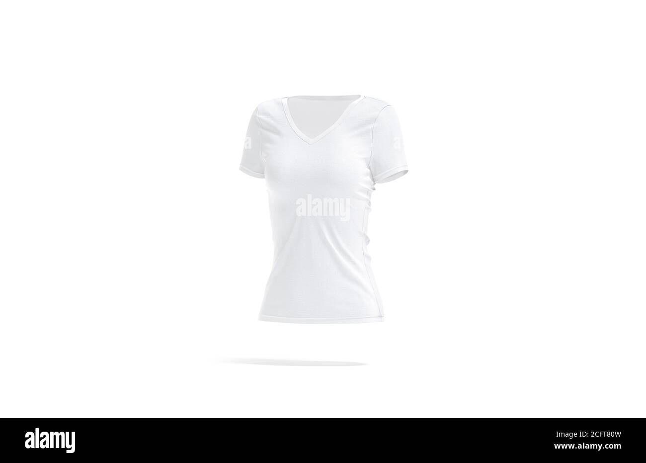 T-shirt bianca bianca con collo a V da donna mock-up, vista laterale Foto Stock